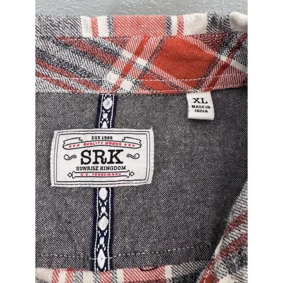 SRK Orange Grey White Plaid Long Sleeve Button Up Warm Flannel Shirt Mens XL - Picture 4 of 9